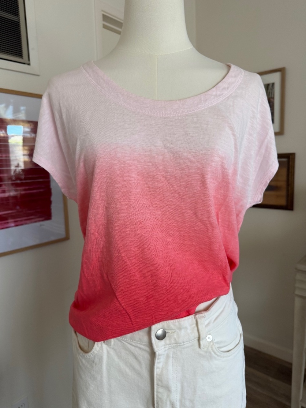 T by Talbots Pink Ombre Dip Dye Cap Sleeve Cotton Tee L